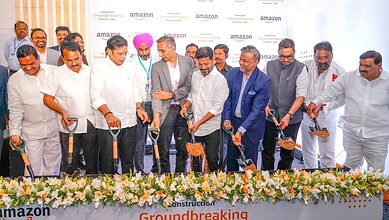 Revanth Reddy and officials inaugurate Amazon data centre near Hyderabad with a groundbreaking ceremony.