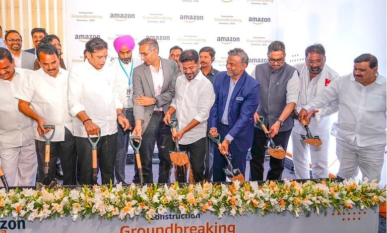 Revanth Reddy and officials inaugurate Amazon data centre near Hyderabad with a groundbreaking ceremony.