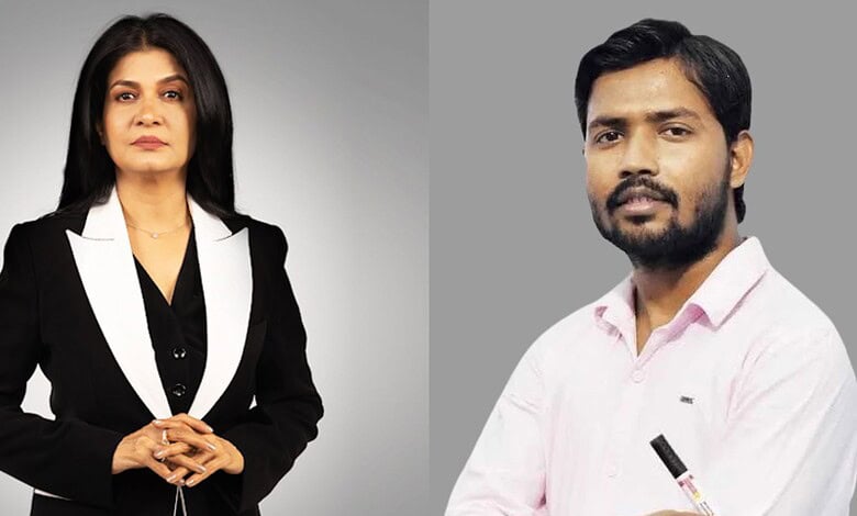 Professional portrait of a woman and a man against a grey background.