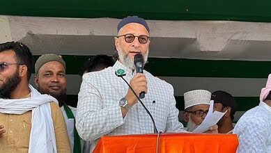 AIMIM President Asaduddin Owaisi addresses a meeting