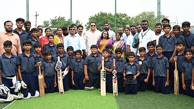 Telangana Minorities Minister with young cricket players at a sports event in Hyderabad.