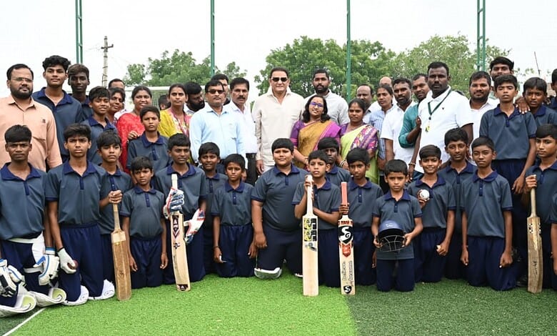 Telangana Minorities Minister with young cricket players at a sports event in Hyderabad.