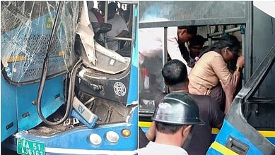 Scene of a bus accident with rescue workers assisting injured passengers.