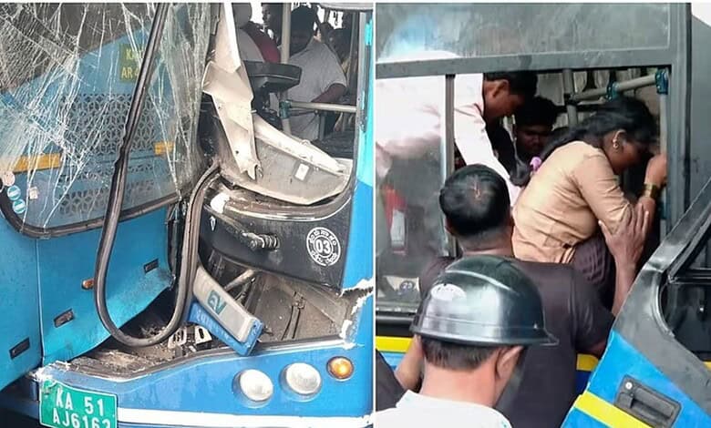 Scene of a bus accident with rescue workers assisting injured passengers.