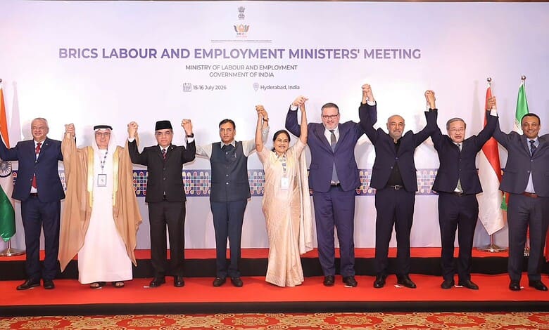 BRICS Labour and Employment Ministers' Meeting with diverse leaders on stage in Hyderabad, India.