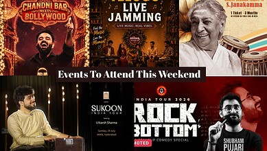 Vibrant Hyderabad weekend events poster with live music, comedy, and cultural performances.