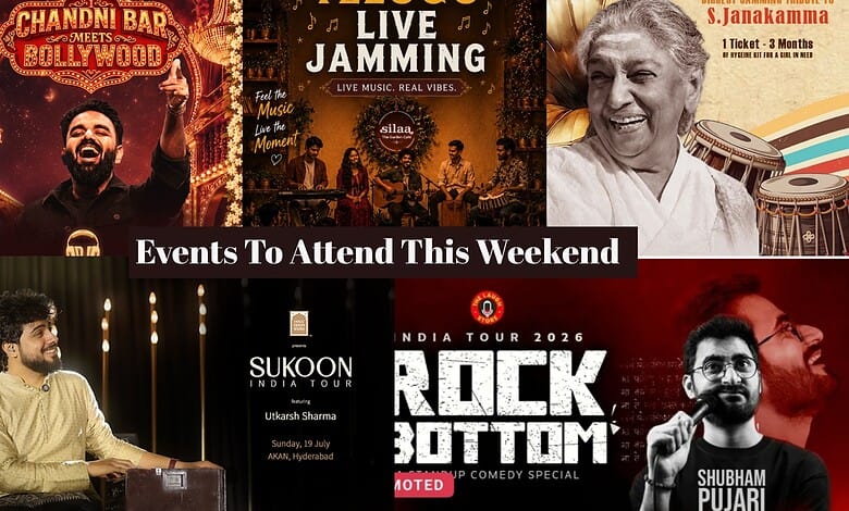 Vibrant Hyderabad weekend events poster with live music, comedy, and cultural performances.