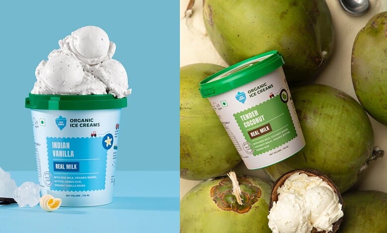 Organic ice cream tub with vanilla flavour and fresh mangoes for Indian organic dessert.