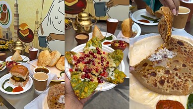 Assorted Hyderabad street food including spicy chaat, crispy papad, and traditional Indian bread.