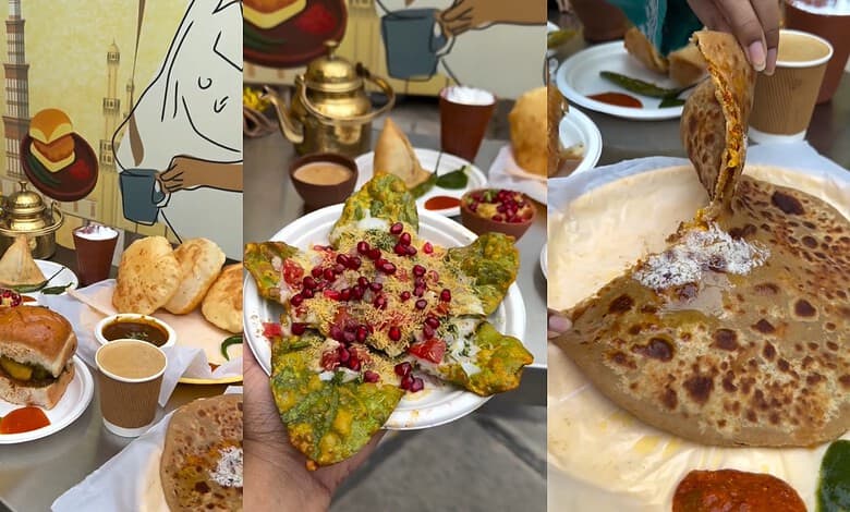 Assorted Hyderabad street food including spicy chaat, crispy papad, and traditional Indian bread.