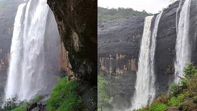 Majestic waterfall cascading down rocky cliffs during monsoon near Pune, India.