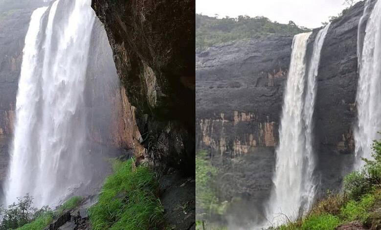 Majestic waterfall cascading down rocky cliffs during monsoon near Pune, India.