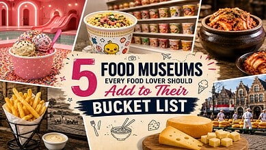 Various food items and a food museum exhibit showcasing cheese and historical architecture.