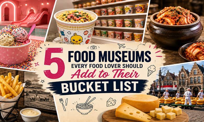 Various food items and a food museum exhibit showcasing cheese and historical architecture.