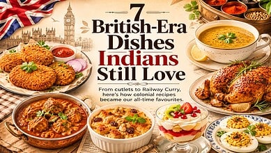 Assorted British-era Indian dishes including curry, breaded cutlets, and desserts on a table.
