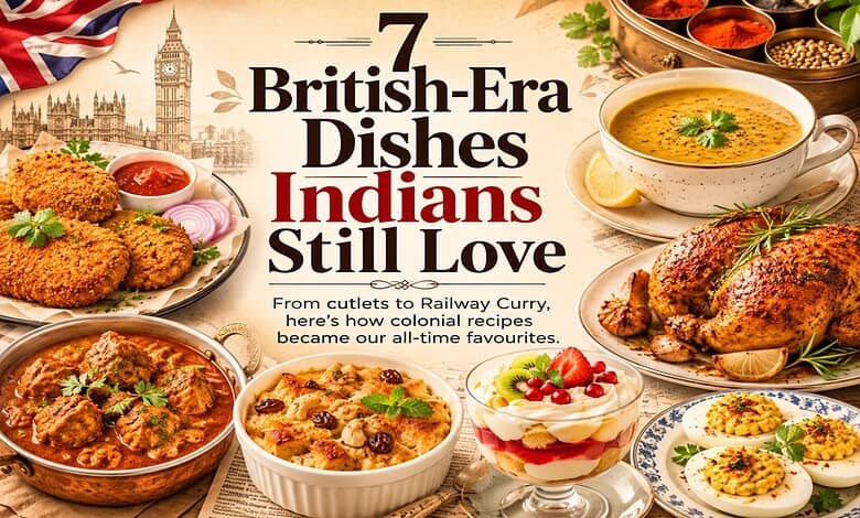 Assorted British-era Indian dishes including curry, breaded cutlets, and desserts on a table.