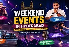 Hyderabad weekend events poster featuring live concerts, stand-up comedy, dance workshops, and automotive.