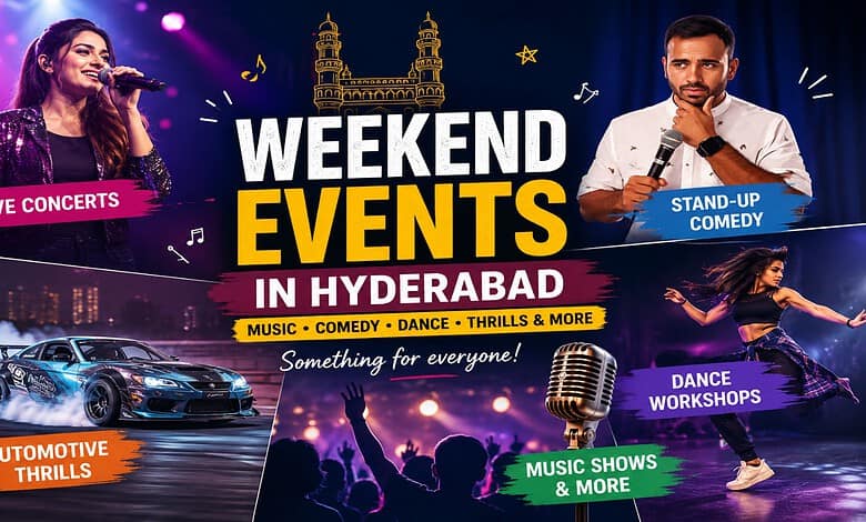 Hyderabad weekend events poster featuring live concerts, stand-up comedy, dance workshops, and automotive.