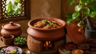 Traditional Indian biryani cooking in a clay pot over a wood fire with spices and herbs.