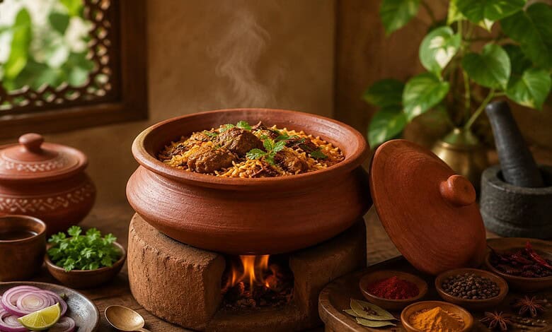 Traditional Indian biryani cooking in a clay pot over a wood fire with spices and herbs.
