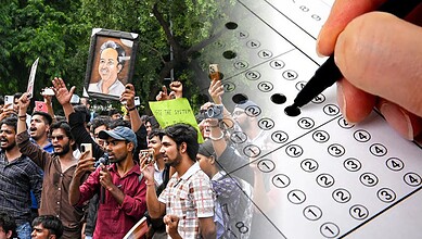 Protesters rally against exam pressure and paper leaks in India.