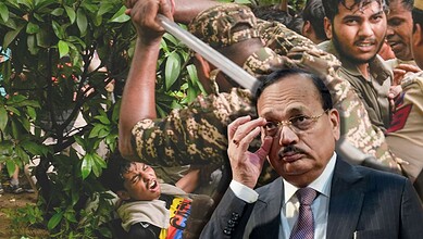 CJI faces police action protestors during a student protest, surrounded by police and onlookers.