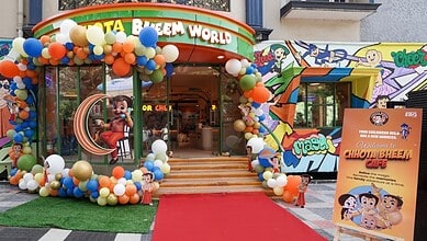 First Chhota Bheem café in Hyderabad with colourful balloon decorations and themed entrance.