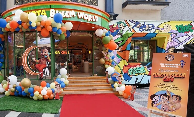 First Chhota Bheem café in Hyderabad with colourful balloon decorations and themed entrance.