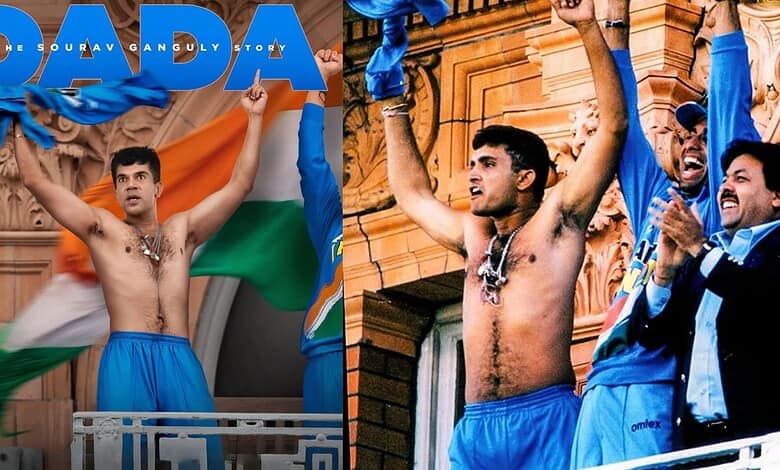 Sourav Ganguly shirtless with Indian flag, celebrating cricket victory at a public event.