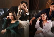 Two couples in stylish outfits sitting on a black leather sofa in a luxurious setting.