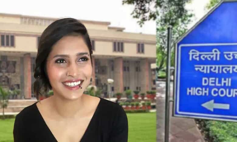 Smiling woman outside Delhi High Court with court building in background.