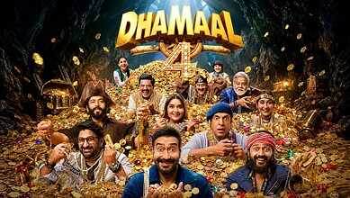 Cast of Dhamaal 4 celebrating amidst gold coins and treasure in a cave setting.