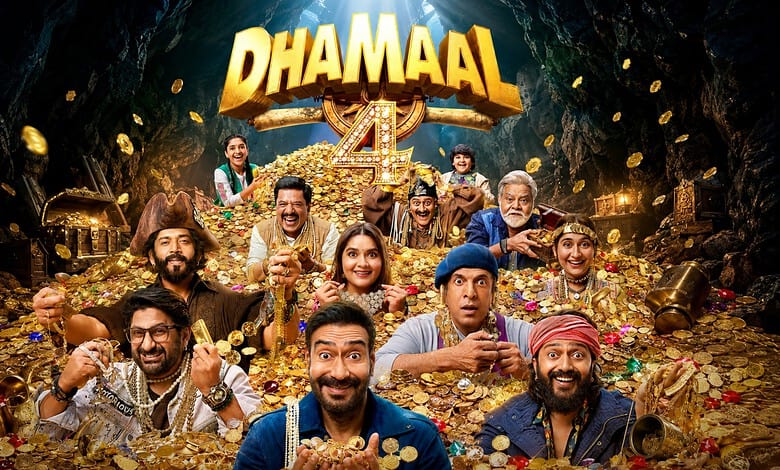 Cast of Dhamaal 4 celebrating amidst gold coins and treasure in a cave setting.