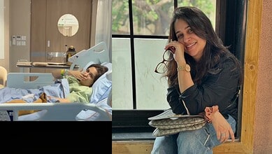 Dipika Kakar smiling and resting in hospital bed, showing her recovery progress.
