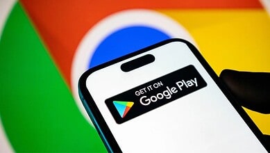 Smartphone displaying Google Play Store app with a colourful background.