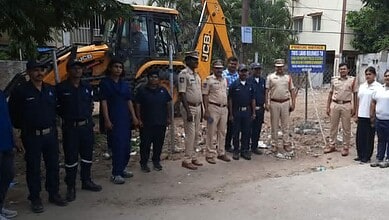 HYDRAA clears encroachments from 6 gunta police land in Kothapet village of Rangareddy district on Wednesday, July 8, 2026.