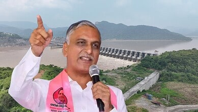 Harish Rao speaking at a water reservoir with mountains in the background.