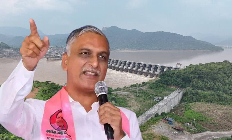 Harish Rao speaking at a water reservoir with mountains in the background.