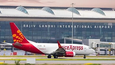 SpiceJet aircraft at Rajiv Gandhi International Airport in Hyderabad, India.