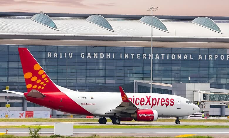 SpiceJet aircraft at Rajiv Gandhi International Airport in Hyderabad, India.