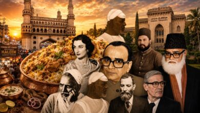 Collage of prominent Hyderabad figures with a large plate of biryani at sunset.