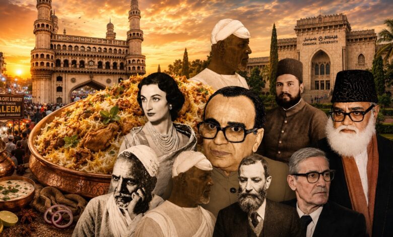 Collage of prominent Hyderabad figures with a large plate of biryani at sunset.
