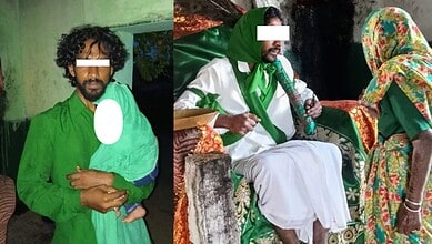 Man disguised as 'Peer Baba' with a white beard and green attire during a public event.