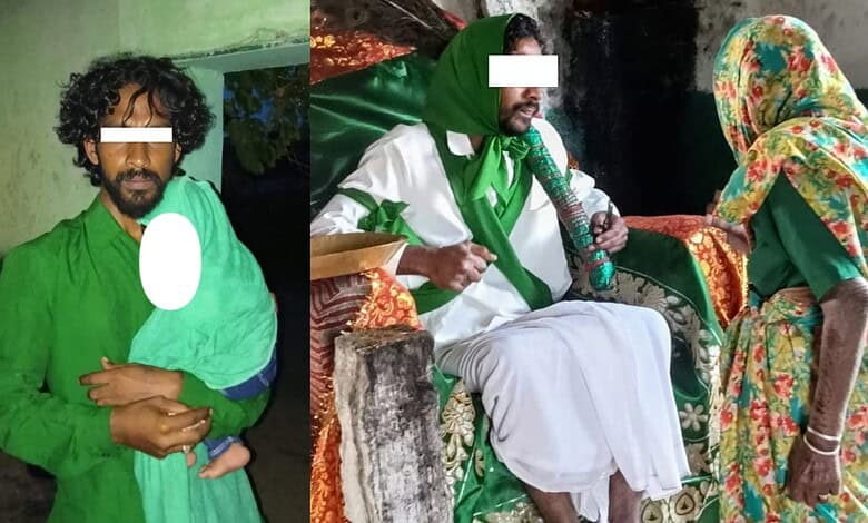 Man disguised as 'Peer Baba' with a white beard and green attire during a public event.
