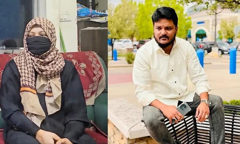 Two individuals, a woman wearing a hijab and face mask, and a man sitting outdoors, in Hyderabad.