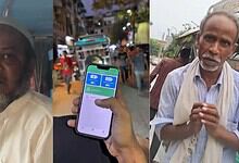 Man with grey hair and beard, and another man in a busy street scene with a mobile app.