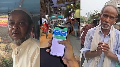 Man with grey hair and beard, and another man in a busy street scene with a mobile app.