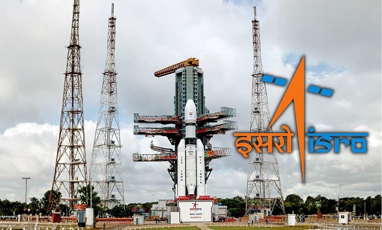ISRO launch site with rocket, antennas, and cloudy sky, symbolising space missions and technological ende.