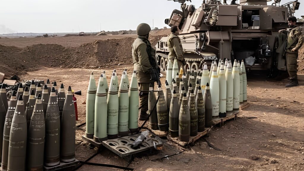 Soldiers standing near a large pile of missiles and a military vehicle in a desert landscape.