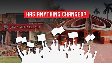Protest outside Jamia Millia Islamia with a question 'Has Anything Changed?'.